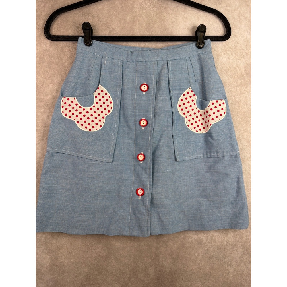 VTG 70s By David Smith Skirt Women Light Blue Red Polka Dot Mini A-Line Size XS